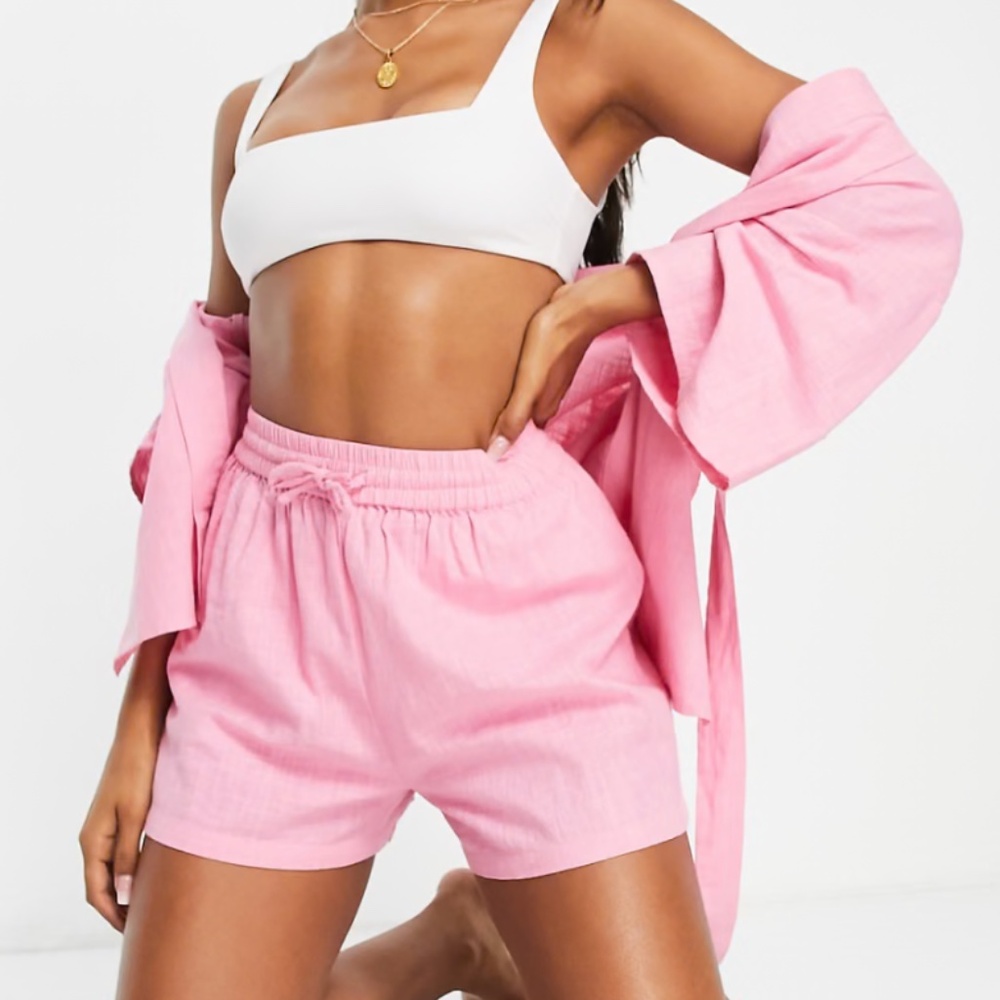 ASOS design beach belted shirt and shorts in pink